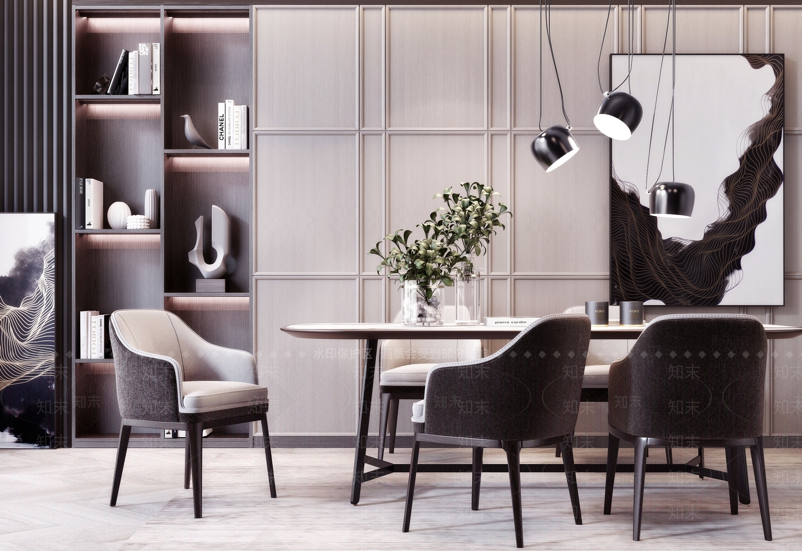 后现代高级灰餐桌餐椅组合3D模型下载【ID:335732465】