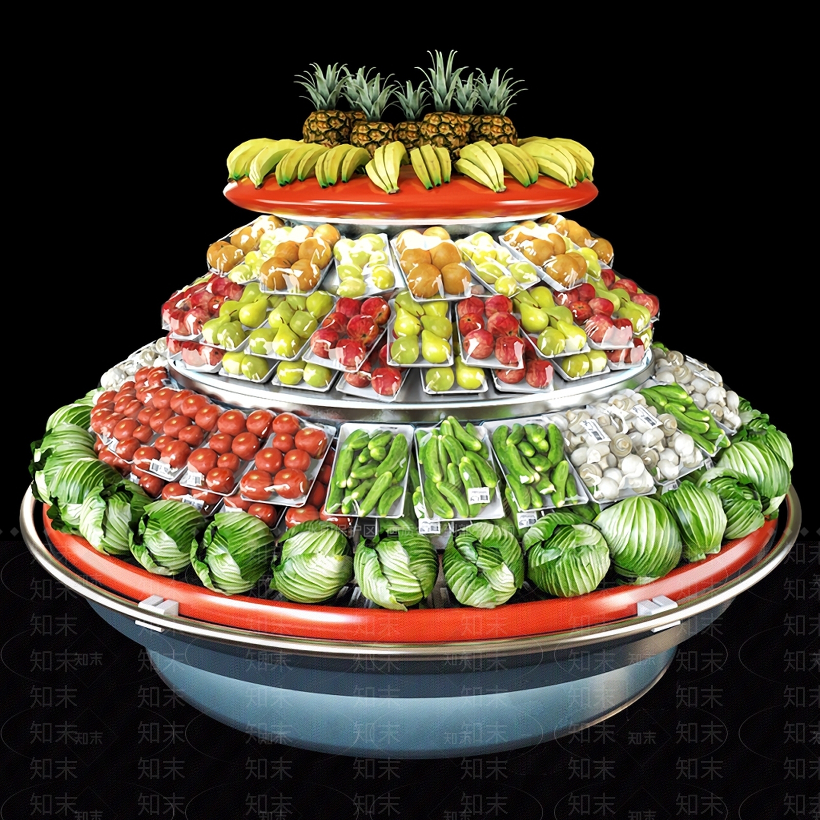 现代超市水果蔬菜货架堆3D模型下载【ID:535744370】