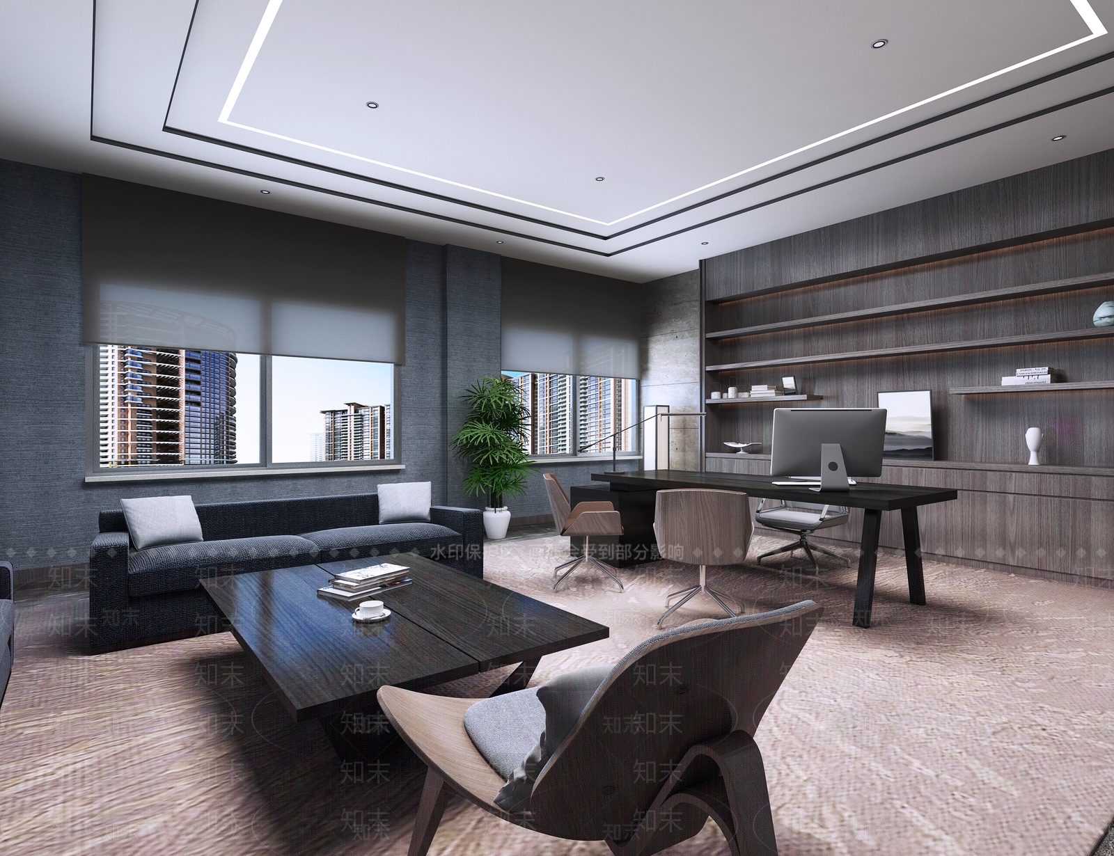 现代董事长经理办公室办公桌沙发绿植电脑隐形门洽谈室3D模型下载【ID:735745405】