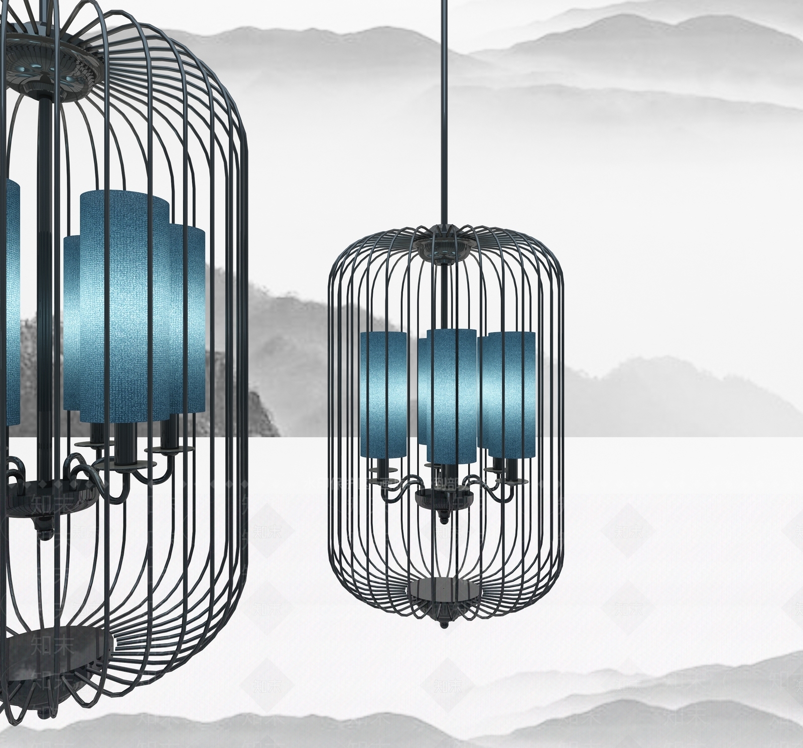 新中式铁艺鸟笼吊灯3D模型下载【ID:535763893】