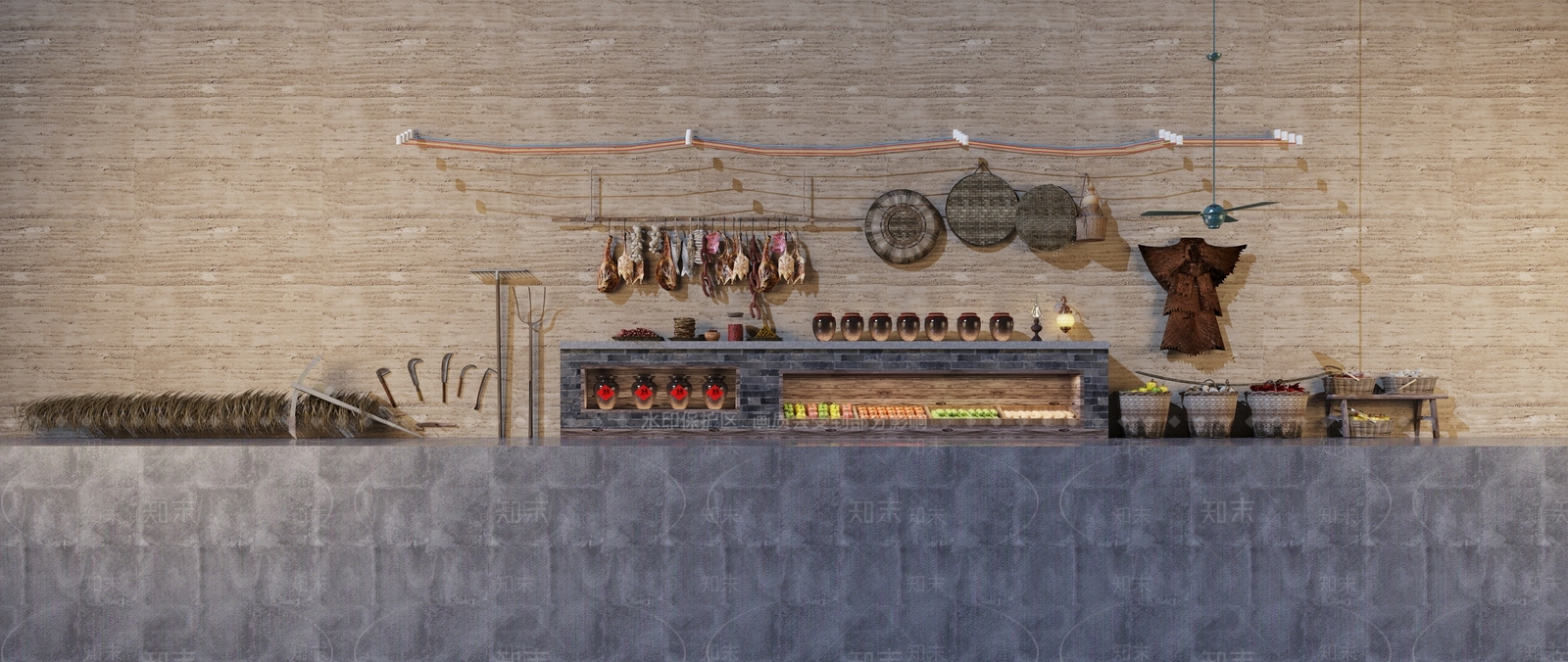 中式老式农具稻草斗笠簸箕竹编箩筐扁担蔬菜板凳镰刀酒肉组合3D模型下载【ID:635766633】