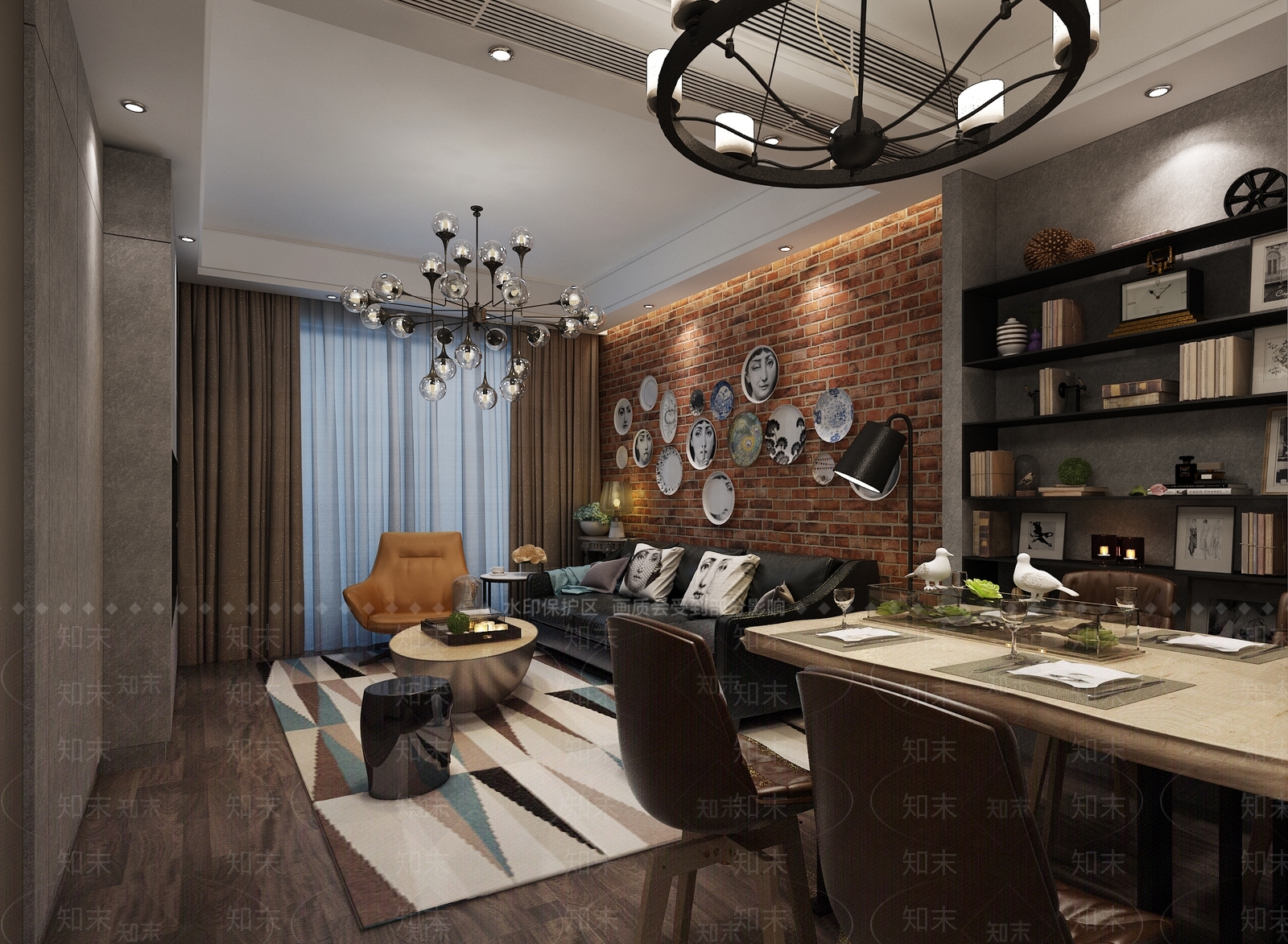 工业风现代客厅餐厅3D模型下载【ID:735777761】