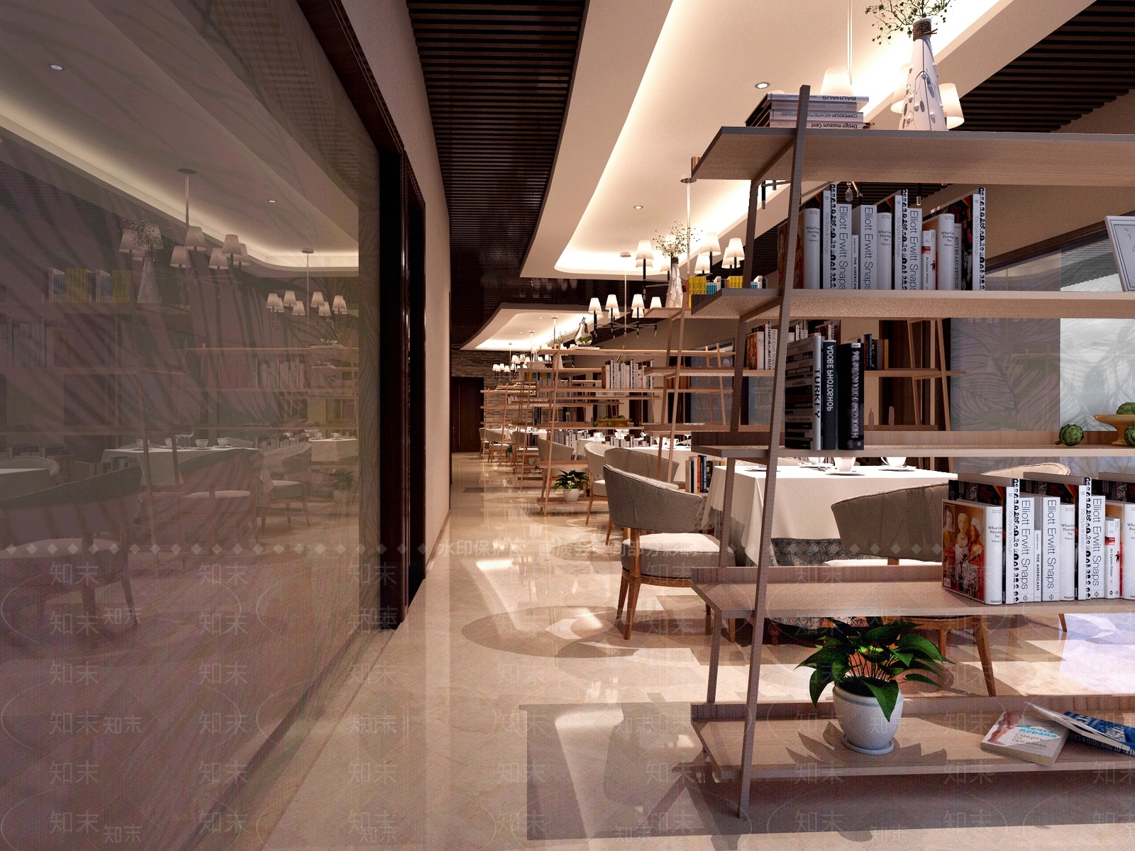 现代咖啡厅大厅过道书吧区3D模型下载【ID:135785088】