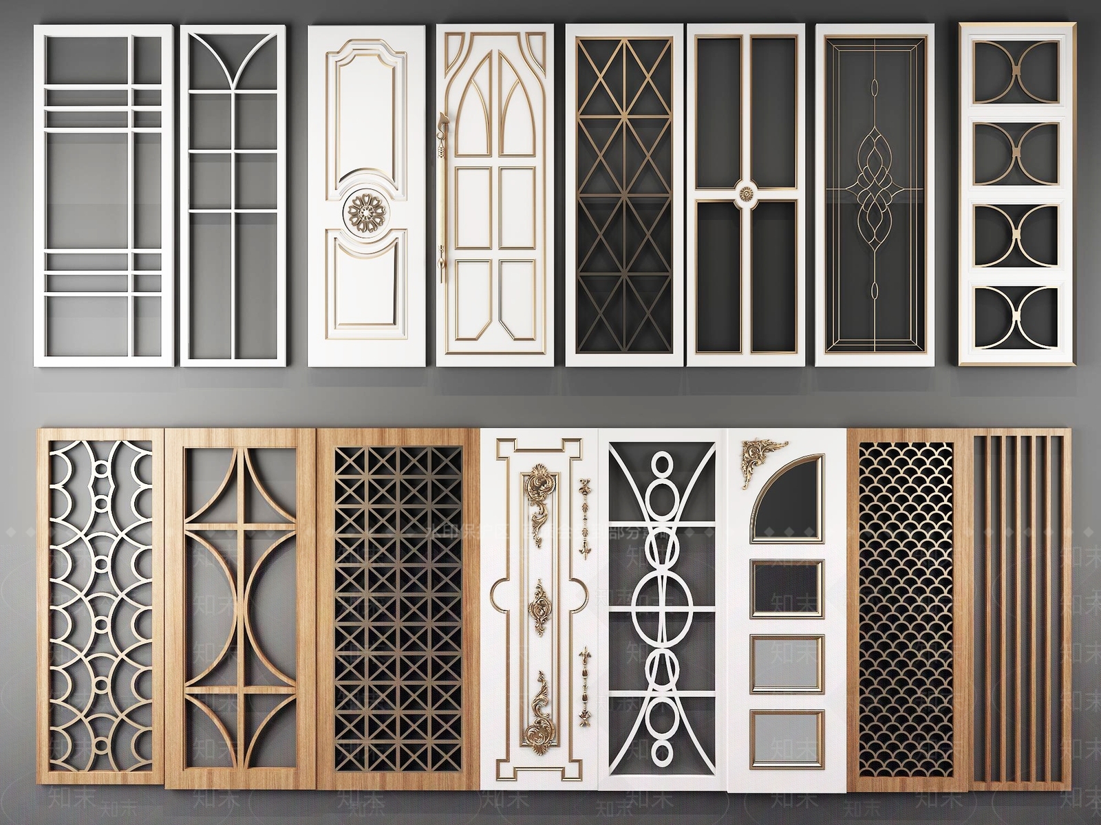 简欧木质雕花门双开玻璃门隔断屏风3D模型下载【ID:935787365】
