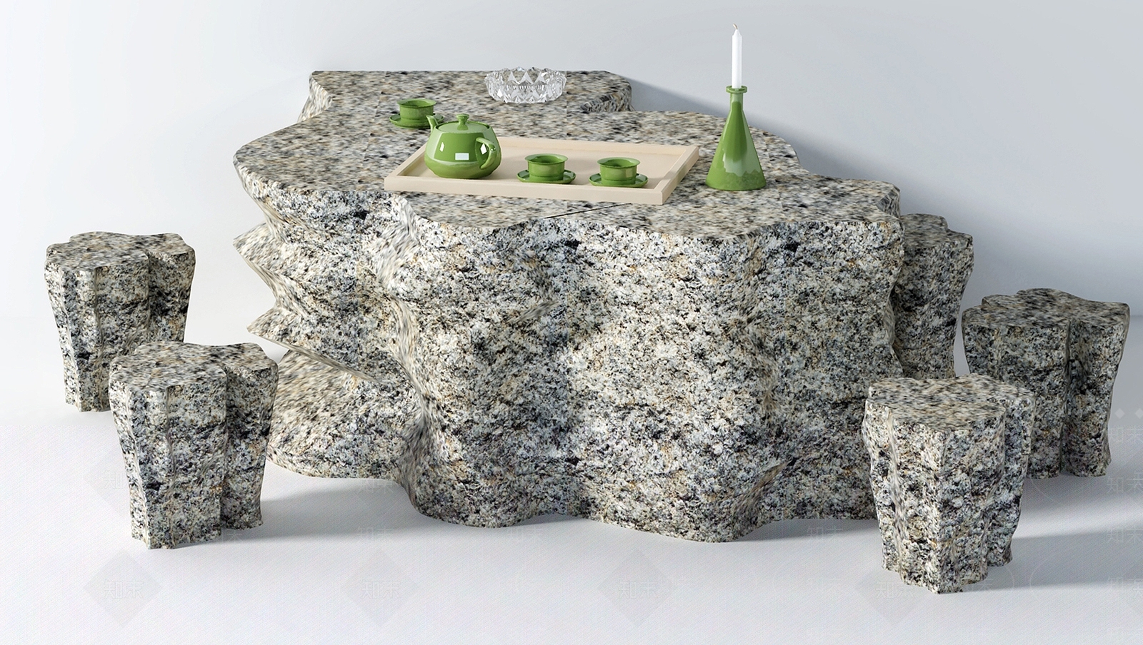 现代茶桌茶具组合3D模型下载【ID:535790729】