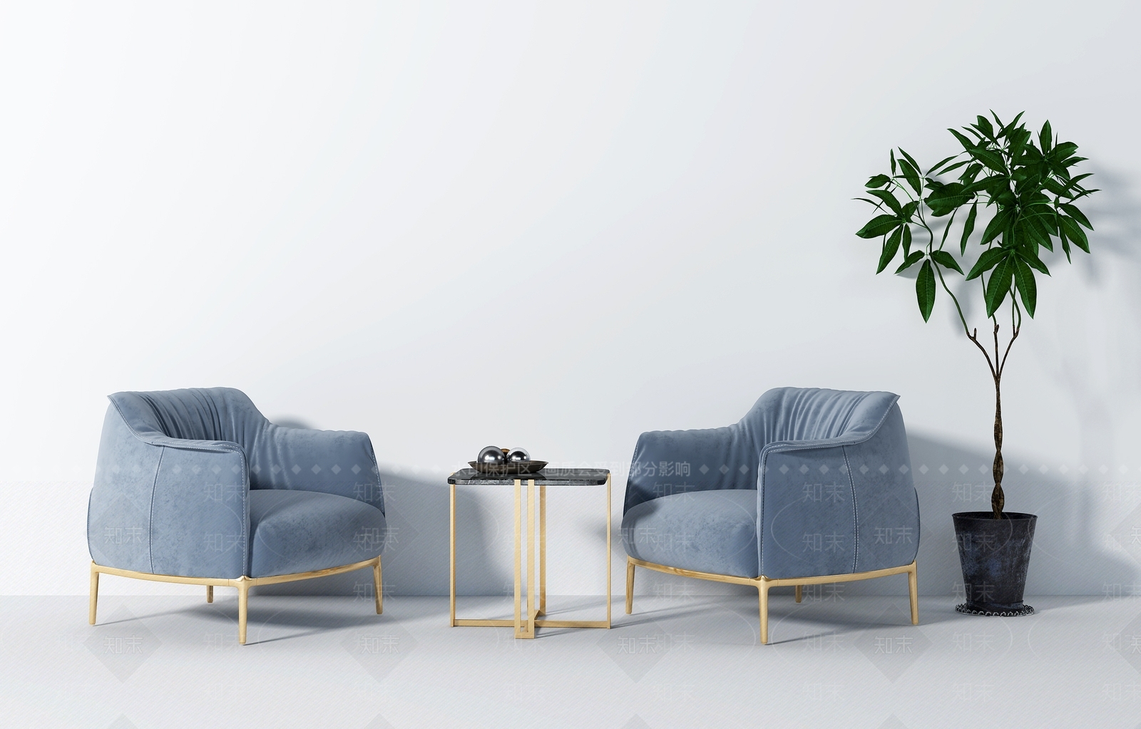 现代阳台休闲椅边几绿植组合3D模型下载【ID:935796687】