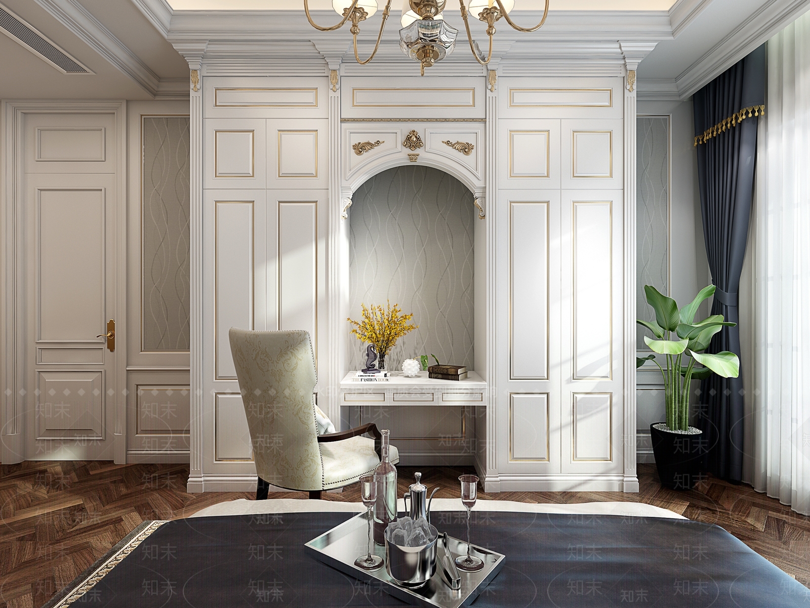 欧式古典欧式背景墙梳妆柜吊灯3D模型下载【ID:435804439】