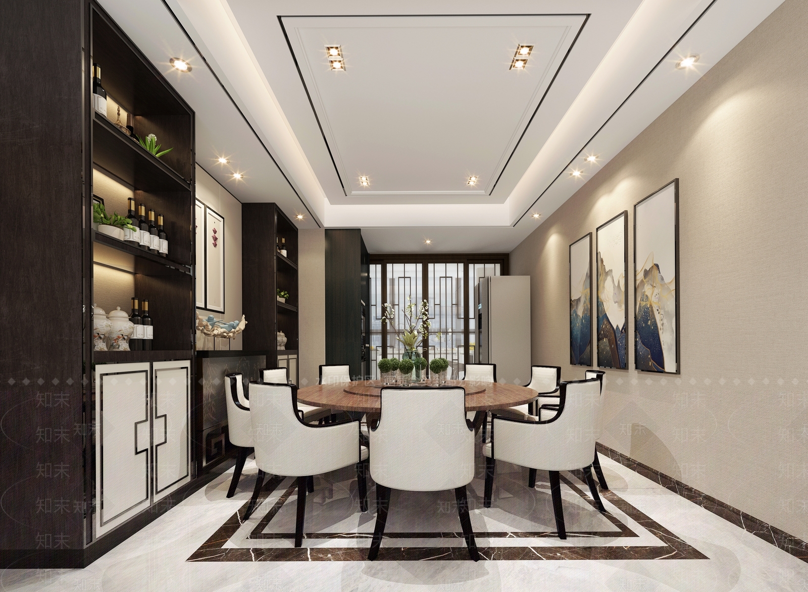 新中式现代餐厅餐桌酒柜餐椅3D模型下载【ID:835808511】