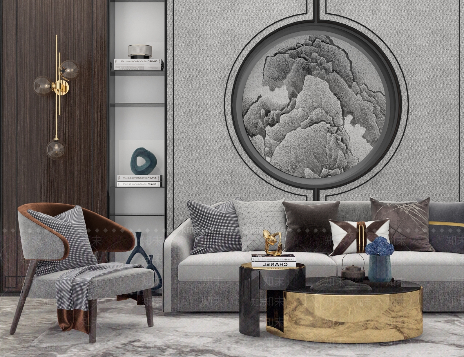 新中式现代客厅多人沙发茶几组合3D模型下载【ID:335812307】