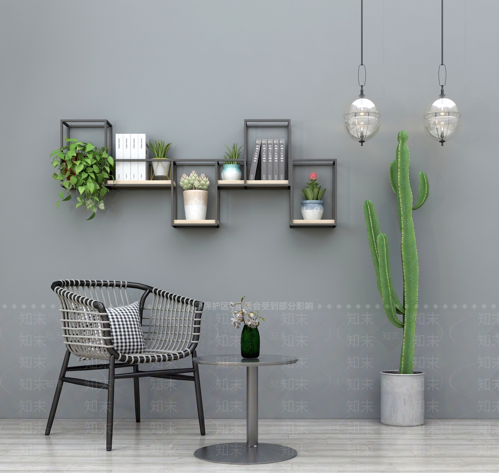 现代休闲椅单人椅圆几墙上装饰架墙上置物架盆栽盆景玻璃小吊灯组合3D模型下载【ID:235824469】