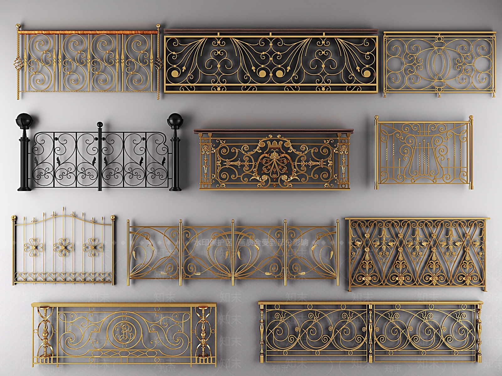 简欧欧式楼梯扶手栏杆花园大门铁艺组合3D模型下载【ID:835828550】