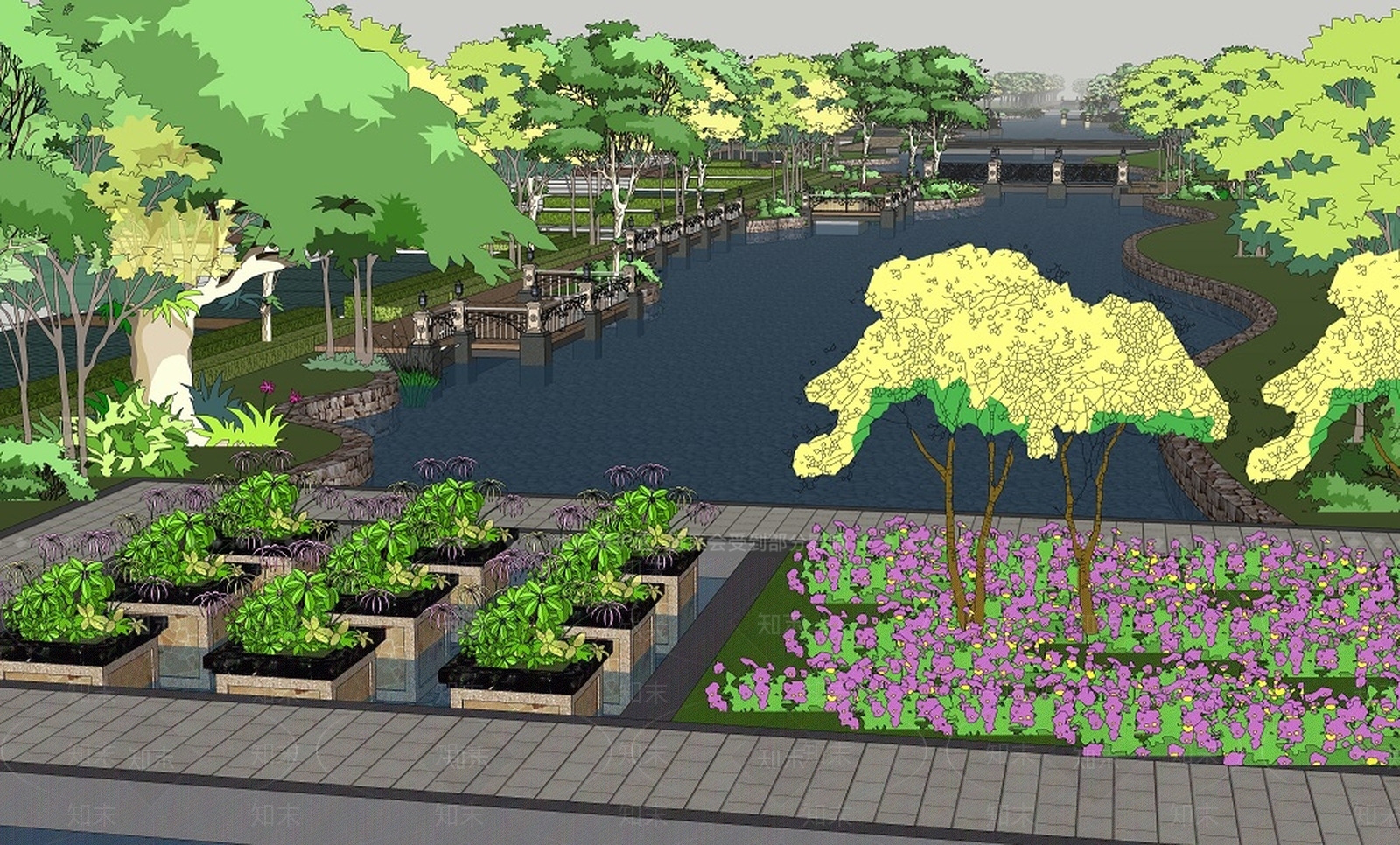 欧式滨水景观设计SU模型下载【ID:635836024】