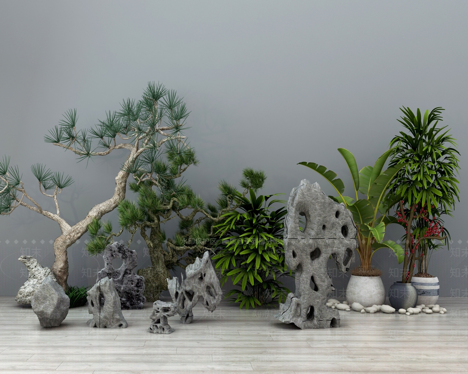 新中式假山石头盆栽盆景松树摆件组合3D模型下载【ID:435838473】