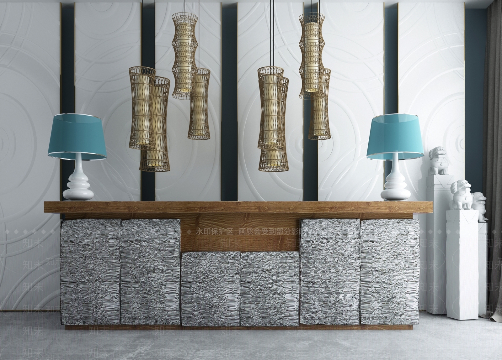新中式酒店会所吧台竹编吊灯组合3D模型下载【ID:535842113】