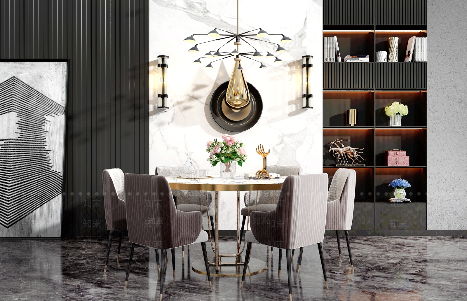 现代高级灰餐桌椅3D模型下载【ID:135845871】