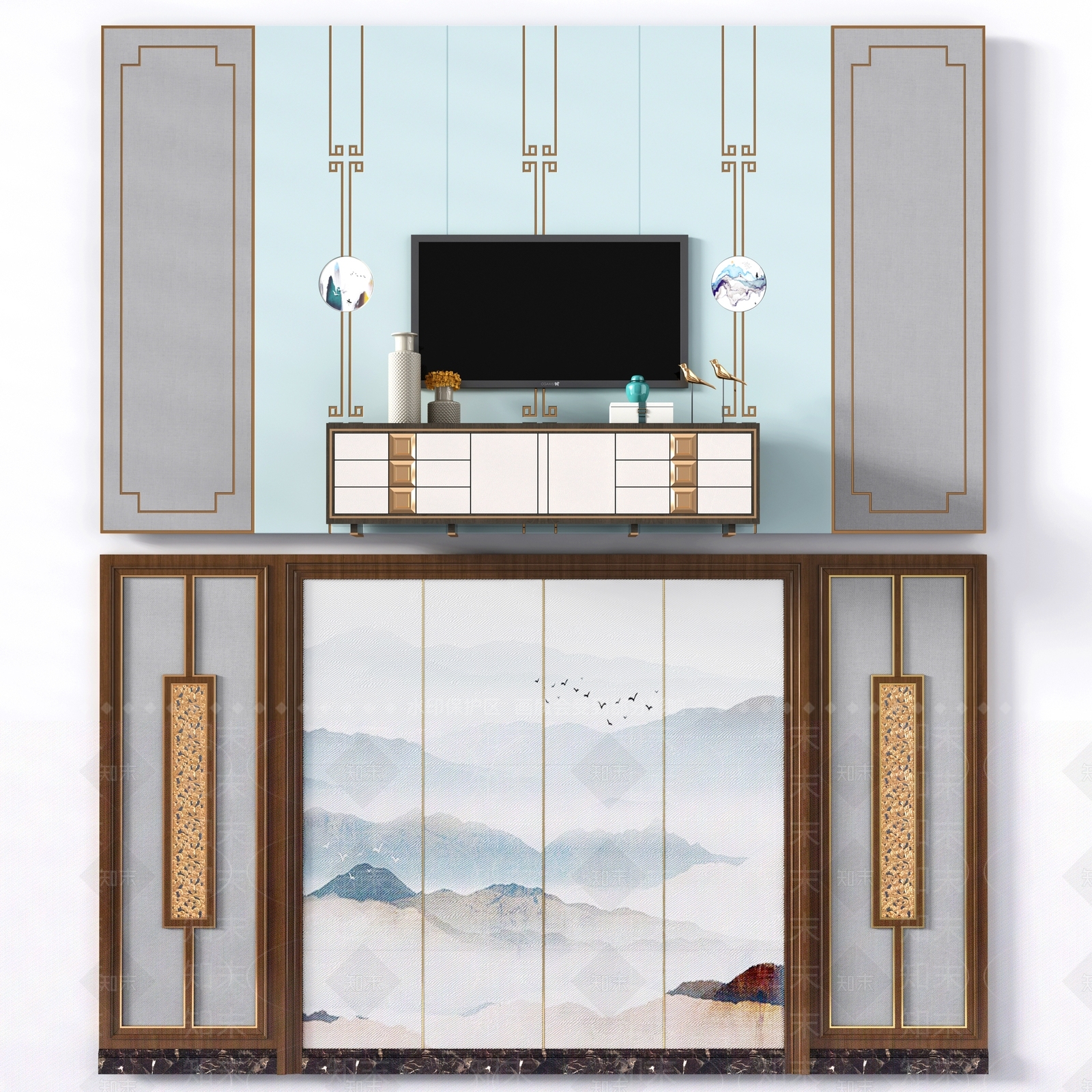 新中式电视机背景墙沙发背景墙3D模型下载【ID:235918193】