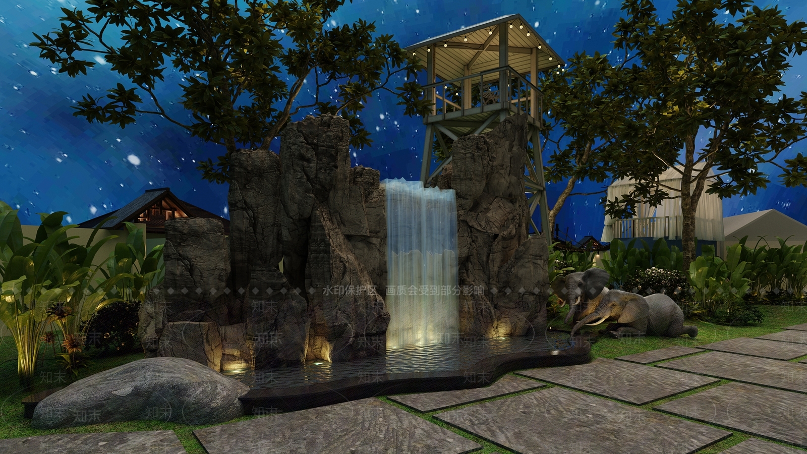 现代园林景观瀑布假山3D模型下载【ID:935942900】