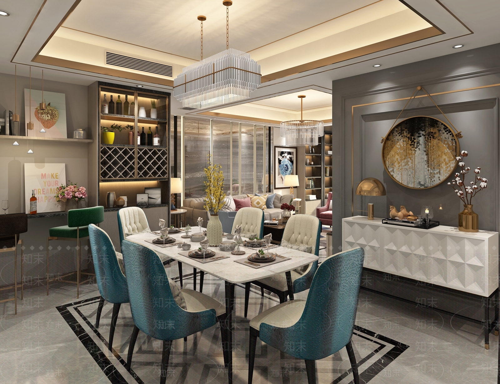 现代港式客餐厅厨房3D模型下载【ID:835956385】