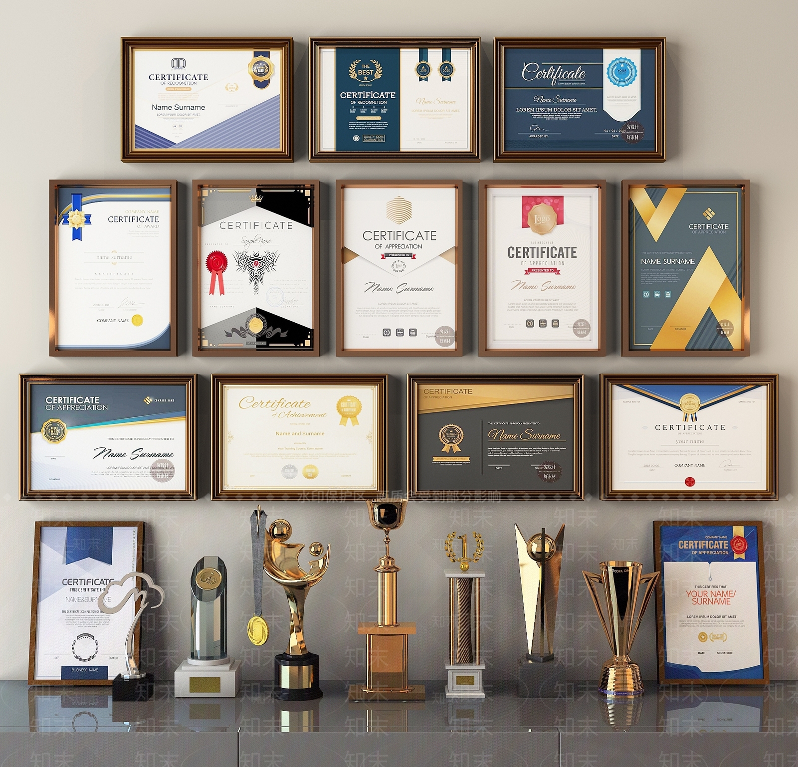 现代奖状奖杯奖牌荣誉证书3D模型下载【ID:636008541】