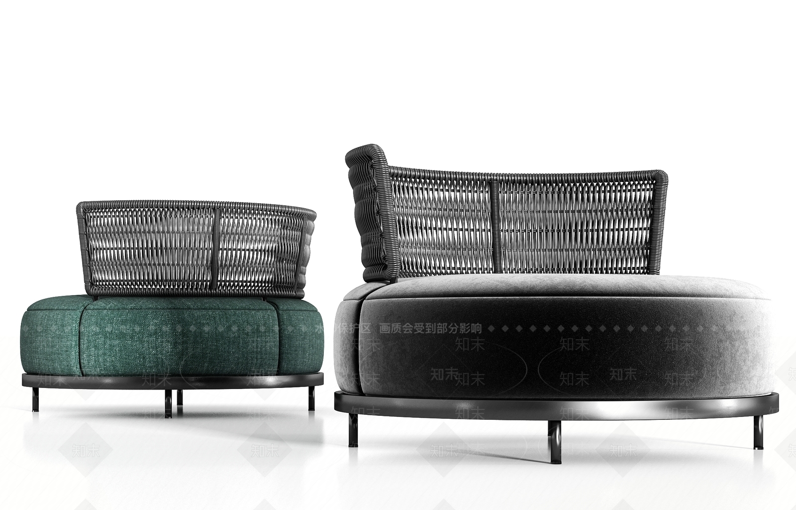 现代圆形藤编金属绒布单人沙发组合3D模型下载【ID:936013610】