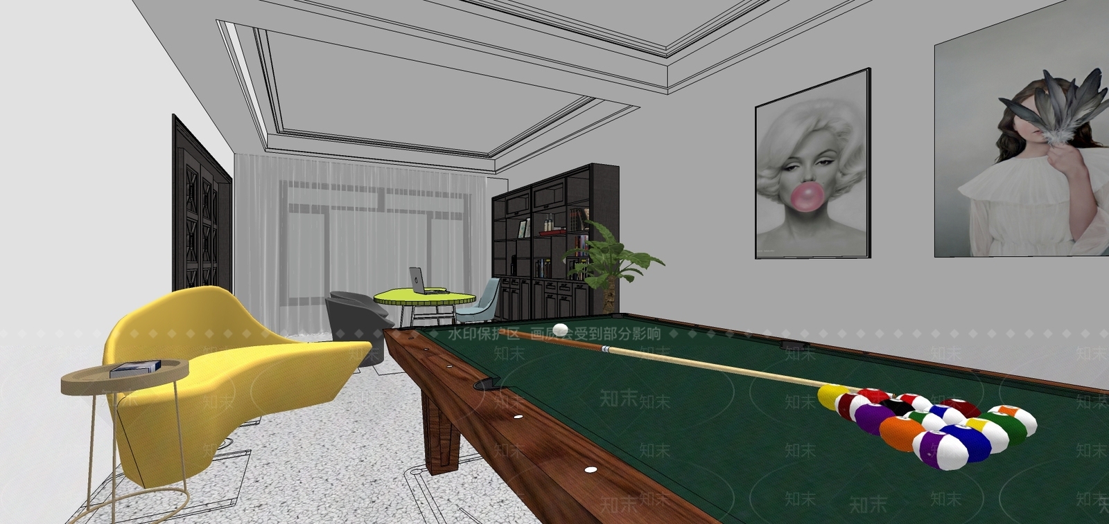 现代别墅负一楼酒吧台影音室麻将室台球室工作室SU模型下载【ID:636013469】