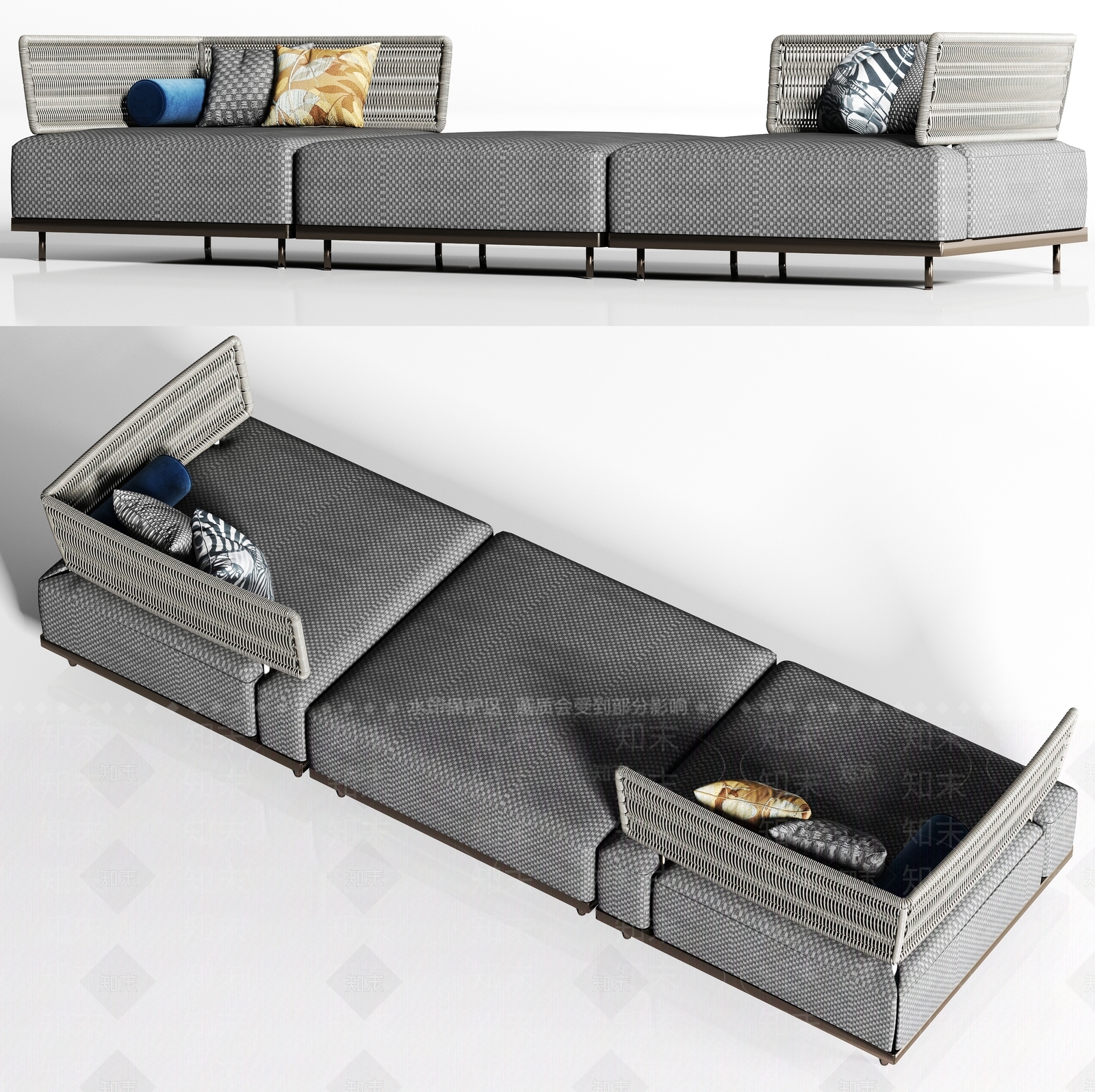 现代休闲藤编布艺多人沙发枕头组合3D模型下载【ID:936014949】