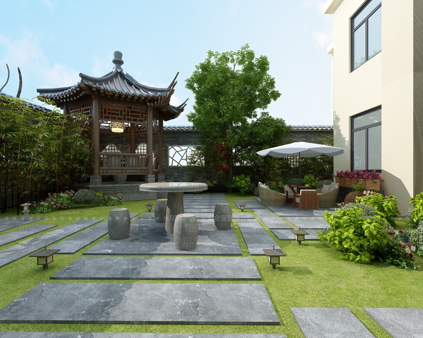 新中式庭院古亭植物3D模型下载【ID:836026558】