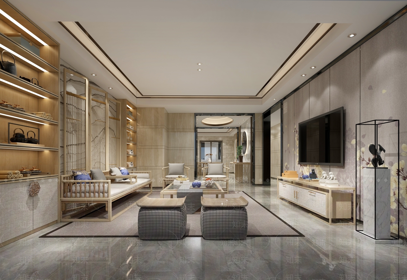 新中式客餐厅卧室3D模型下载【ID:736037701】