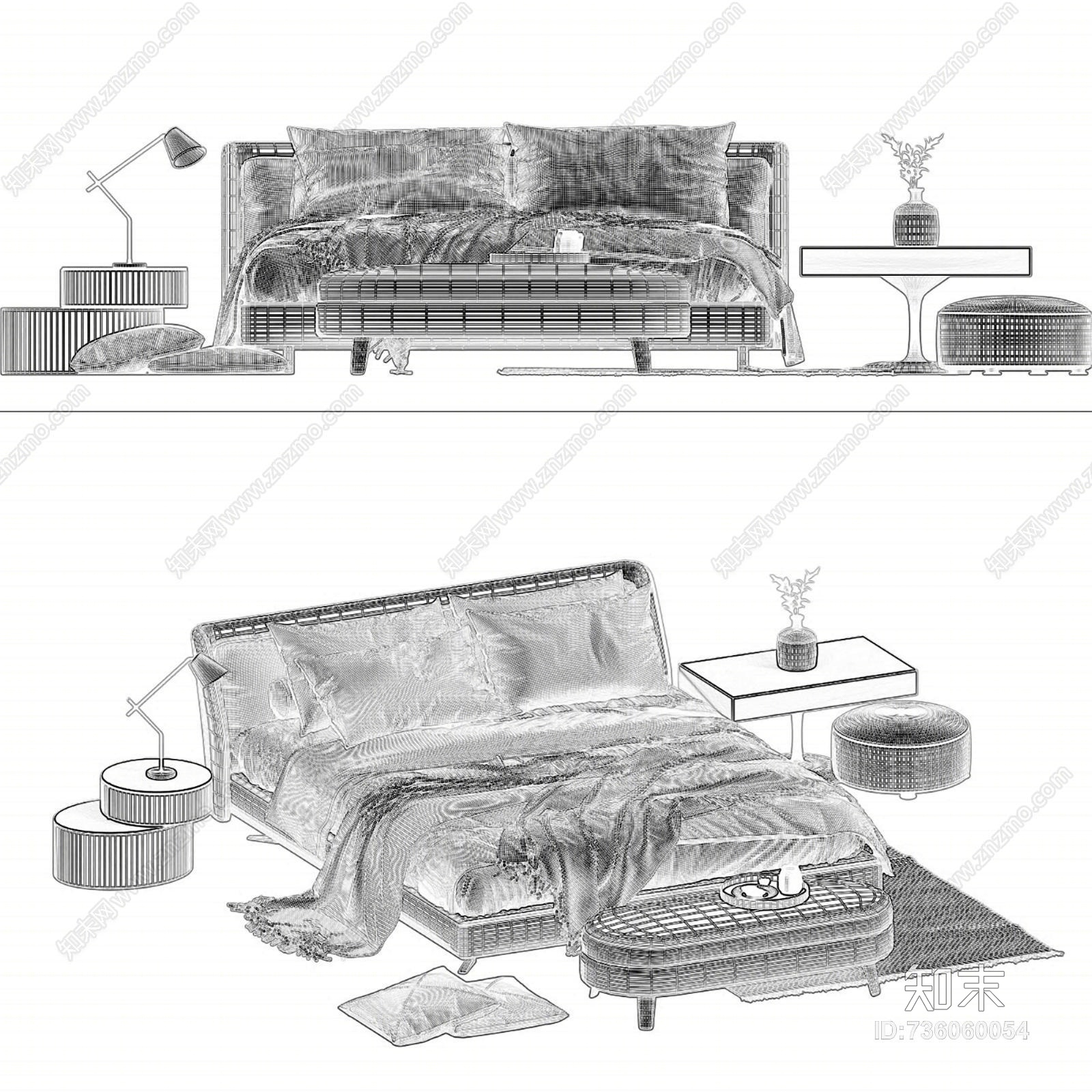 现代双人床床品组合3D模型下载【ID:736060054】