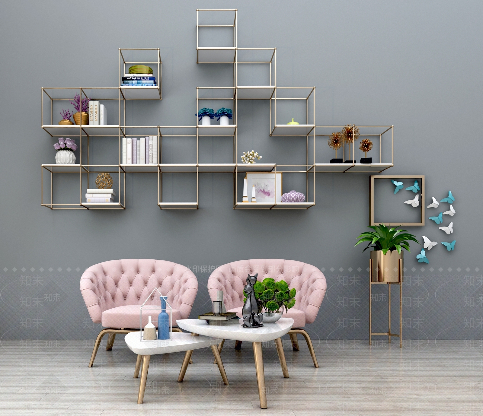 现代休闲沙发椅圆几墙上置物架摆件组合3D模型下载【ID:236073492】