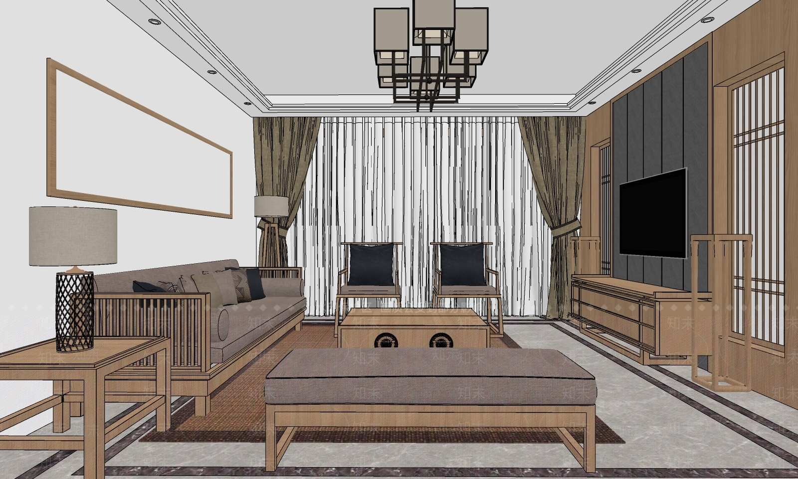 中式风格家具客厅SU模型下载【ID:136080401】