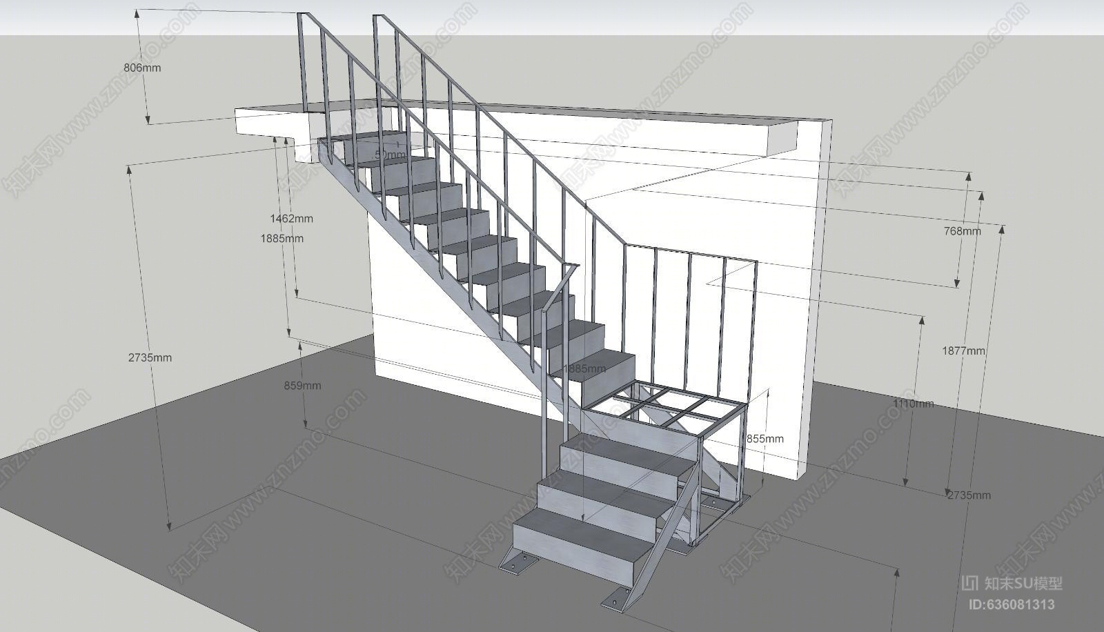 工裝鋼架樓梯精尺寸百搭樓梯鋼架su模型下載【id:636081313】