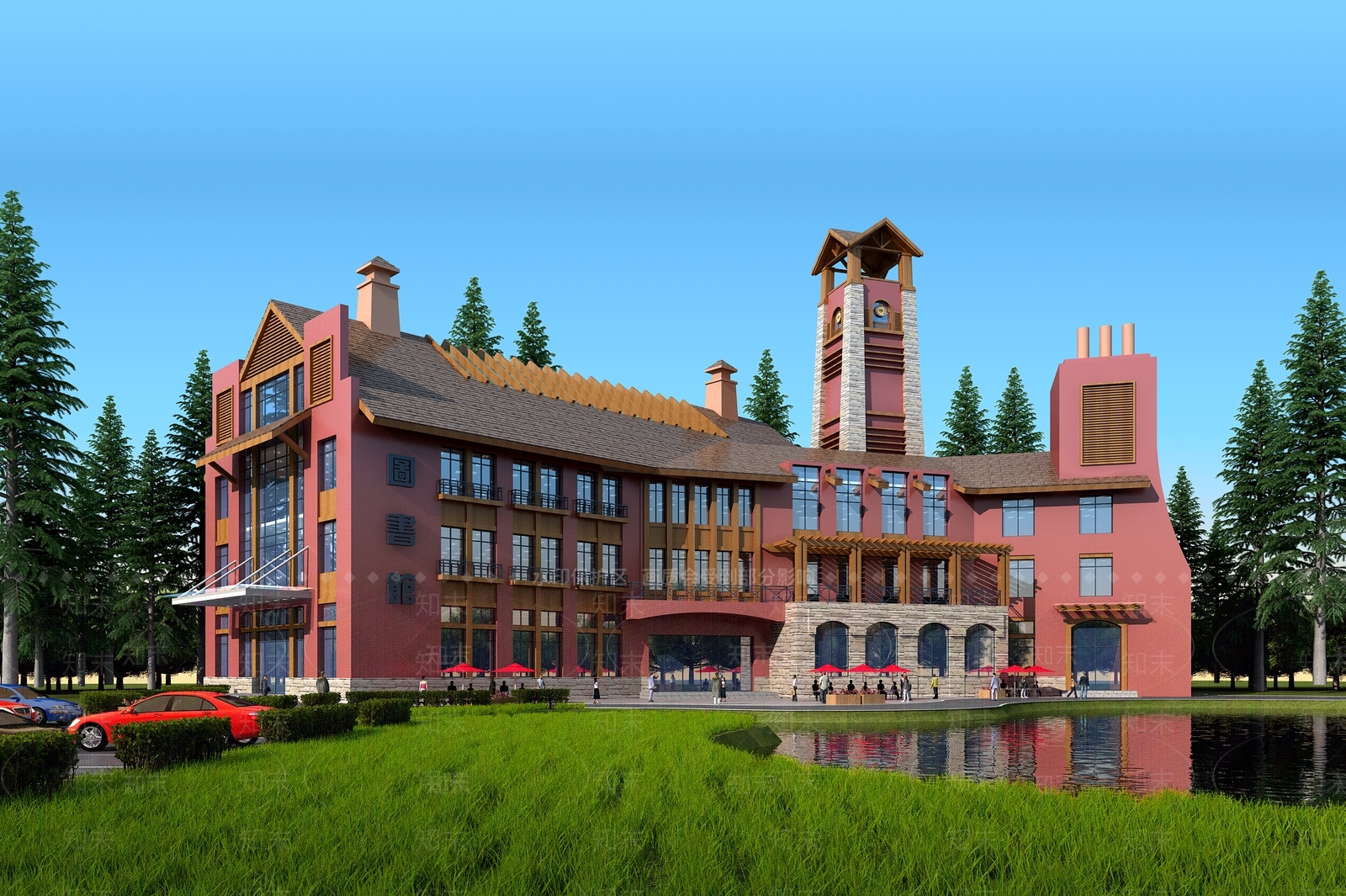 新中式现代度假村酒店图书馆建筑3D模型下载【ID:436082974】