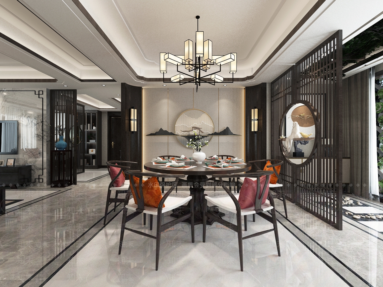 新中式客餐厅电视柜沙发吊灯茶几餐桌3D模型下载【ID:836093517】