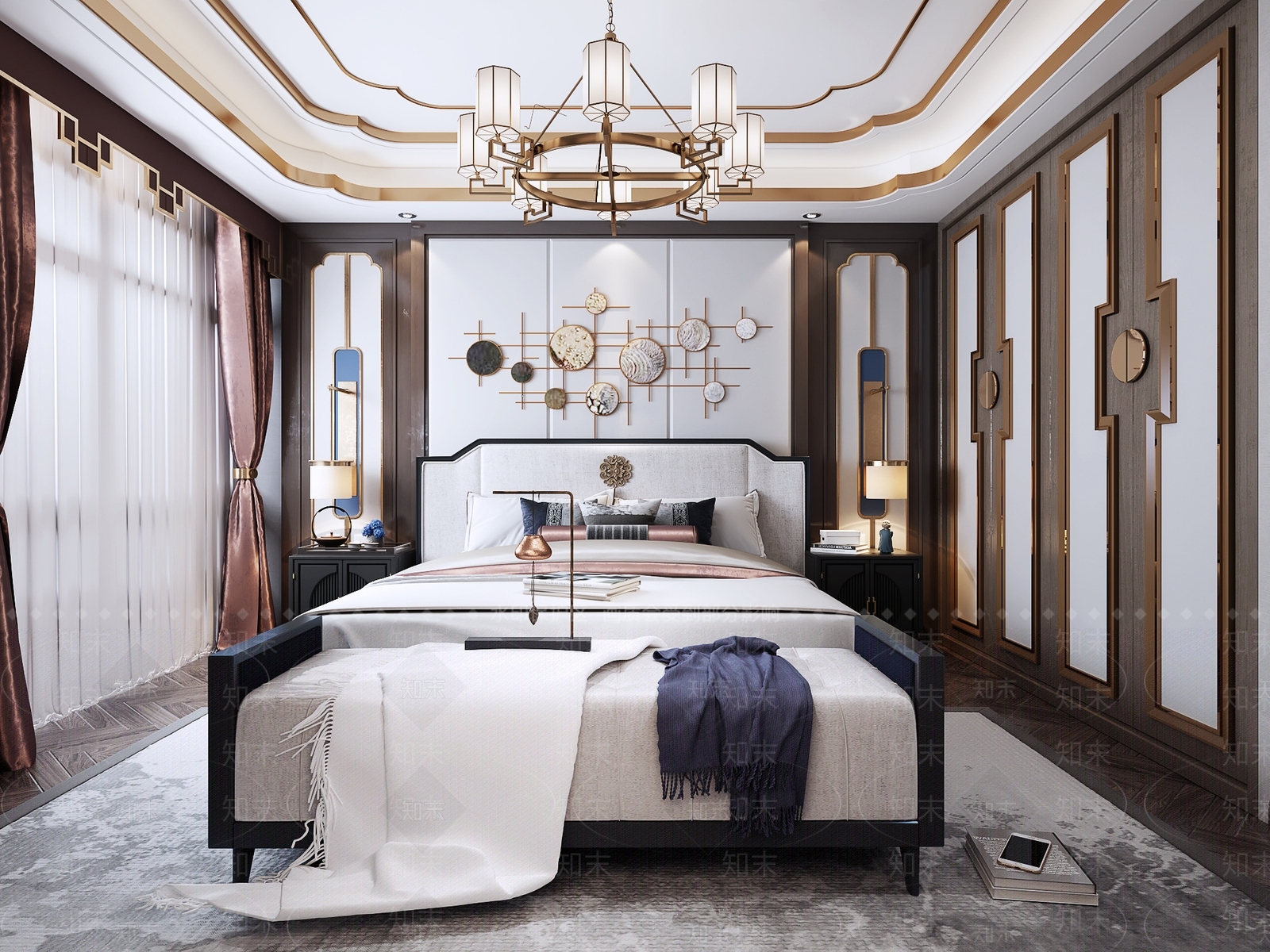 新中式卧室衣柜地毯床尾踏吊灯台灯窗帘墙饰3D模型下载【ID:436098310】