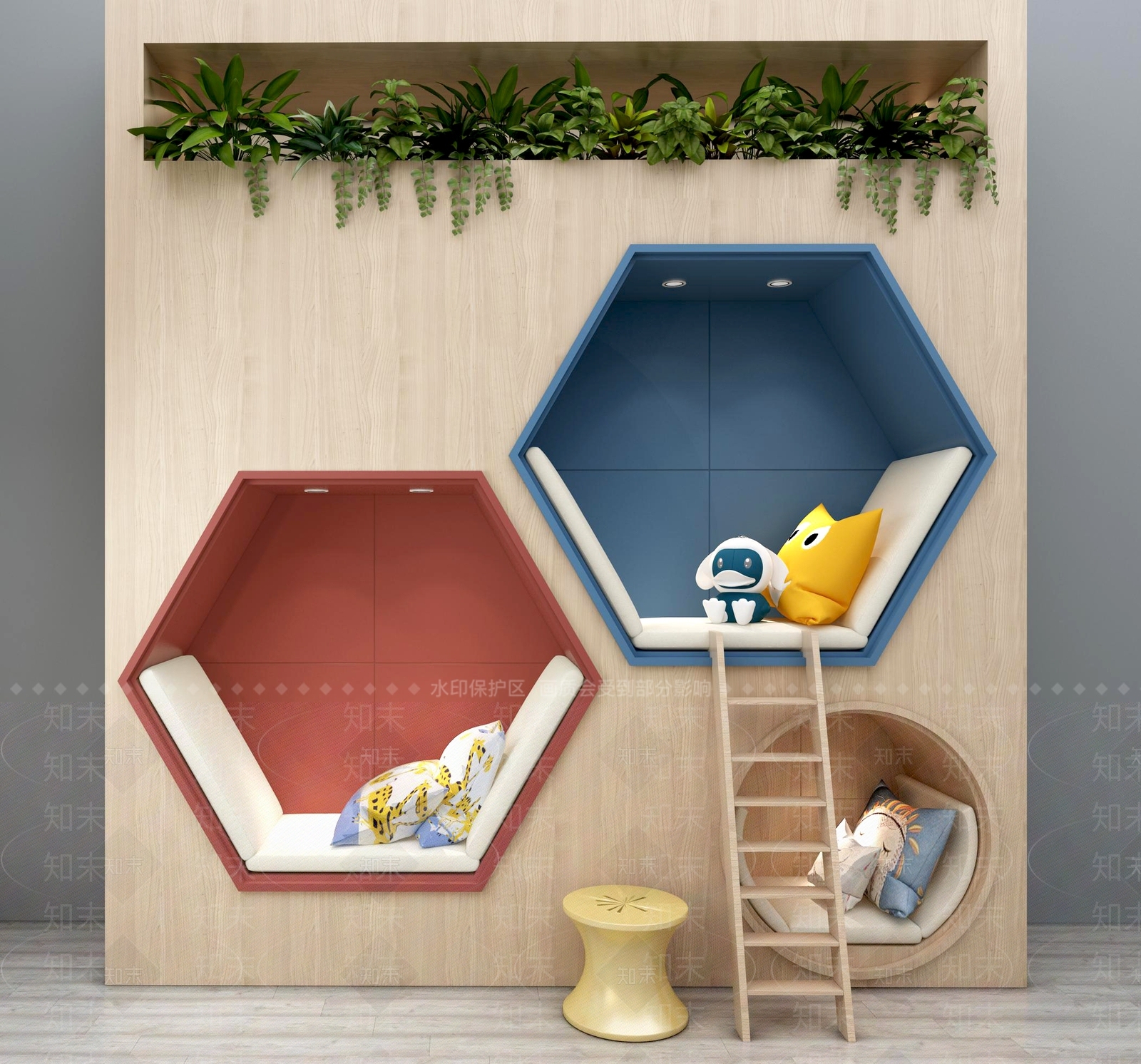 现代儿童背景墙装饰墙植物盆栽抱枕儿童书架组合3D模型下载【ID:536098711】