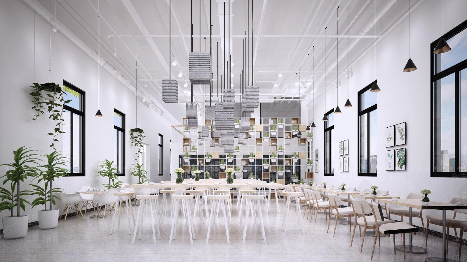 北欧快餐厅复式楼梯包厢绿植物沙发3D模型下载【ID:336164956】