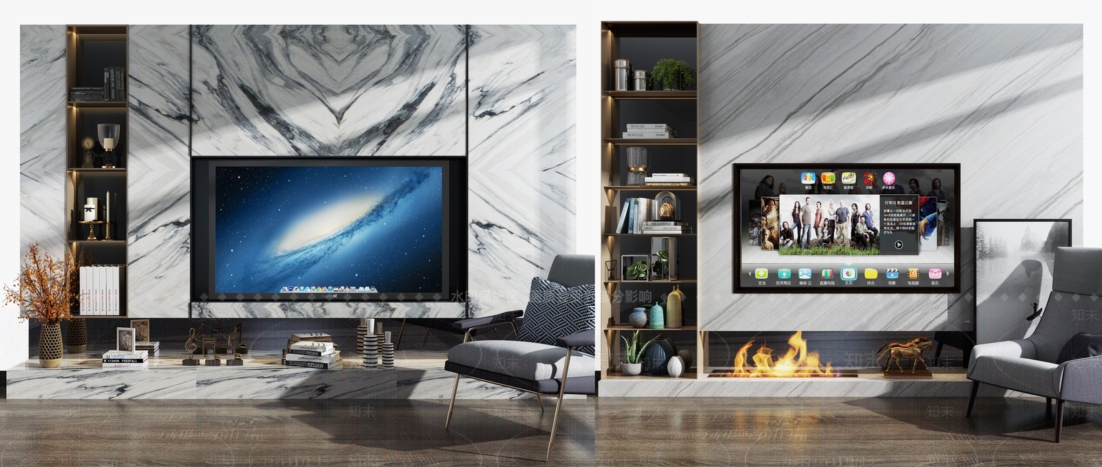 现代石材电视墙电视柜壁炉单椅摆件组合3D模型下载【ID:236168132】