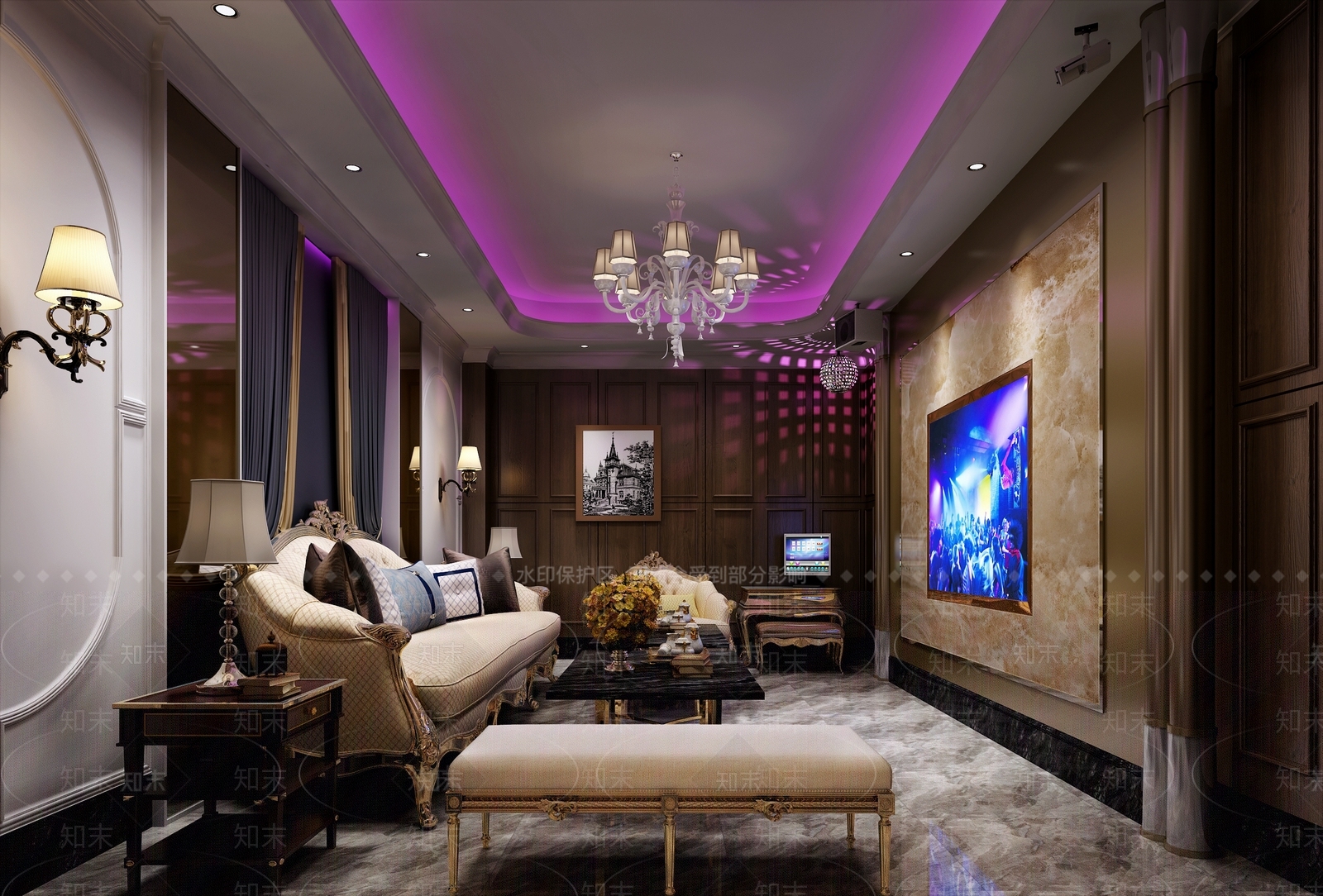 欧式古典KTV包厢吊灯沙发组合3D模型下载【ID:736178074】