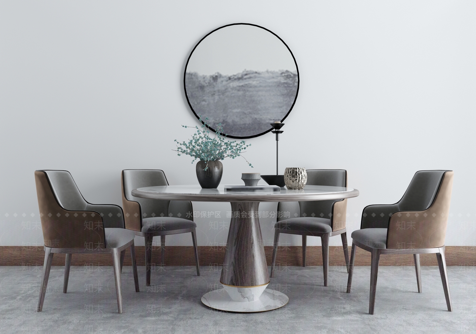 新中式圆形餐桌椅组合金属吊灯北欧餐厅3D模型下载【ID:836178580】