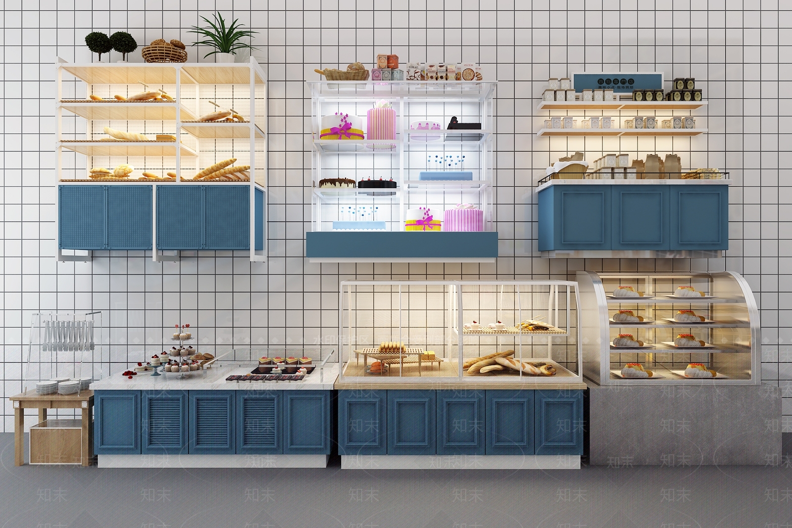 现代蛋糕面包保鲜柜组合3D模型下载【ID:336180802】