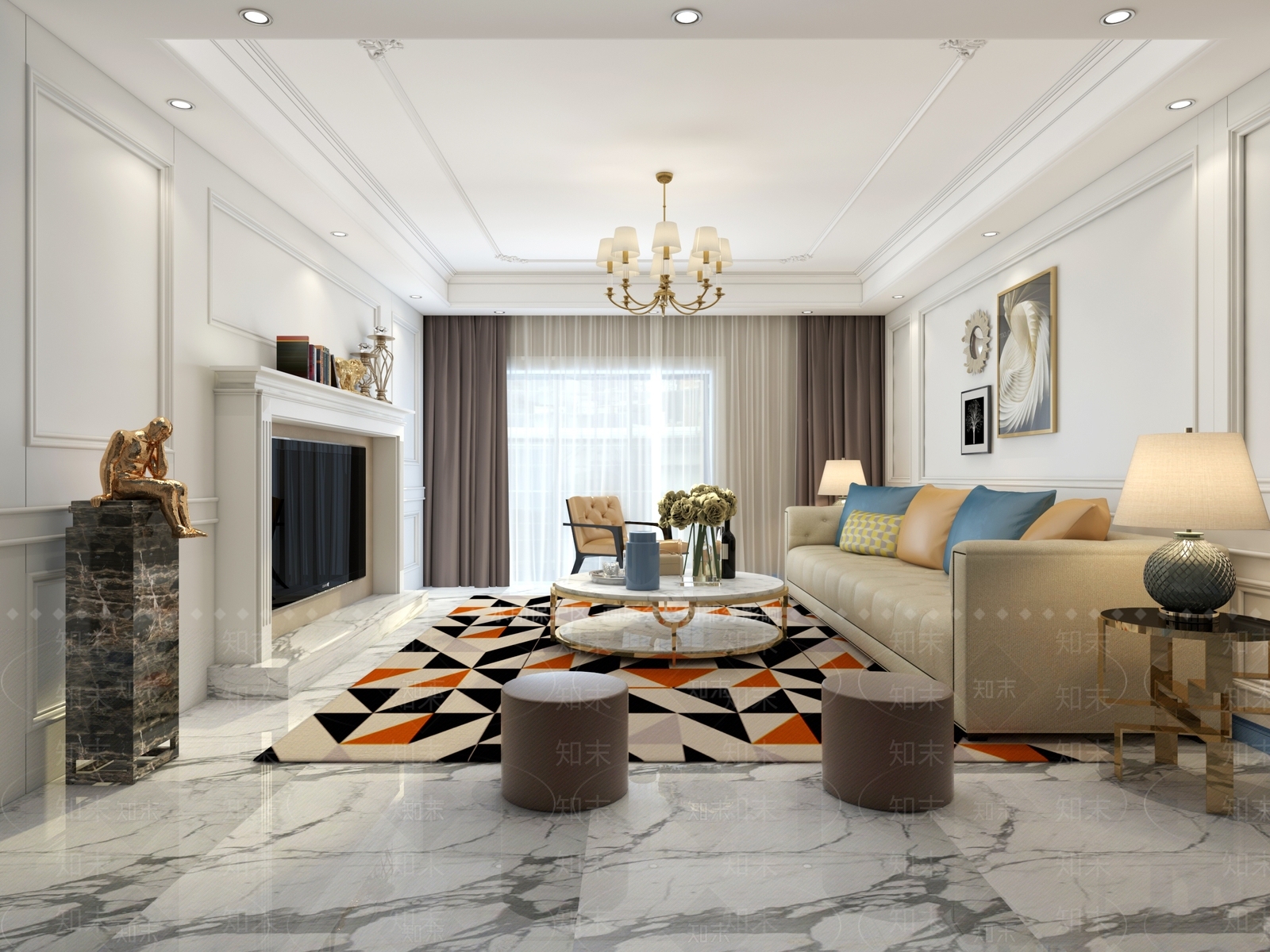 简欧欧式客厅背景墙壁炉3D模型下载【ID:736205708】