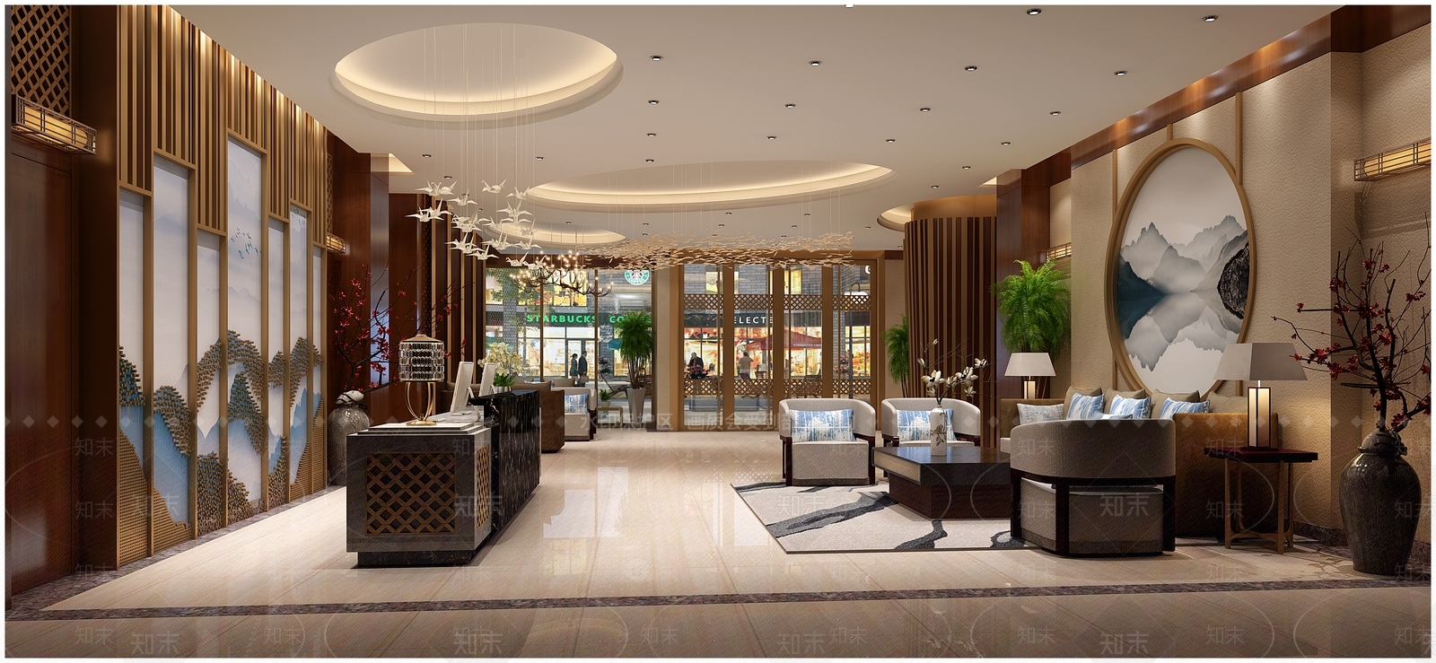 中式宾馆大厅设计3D模型下载【ID:536205924】