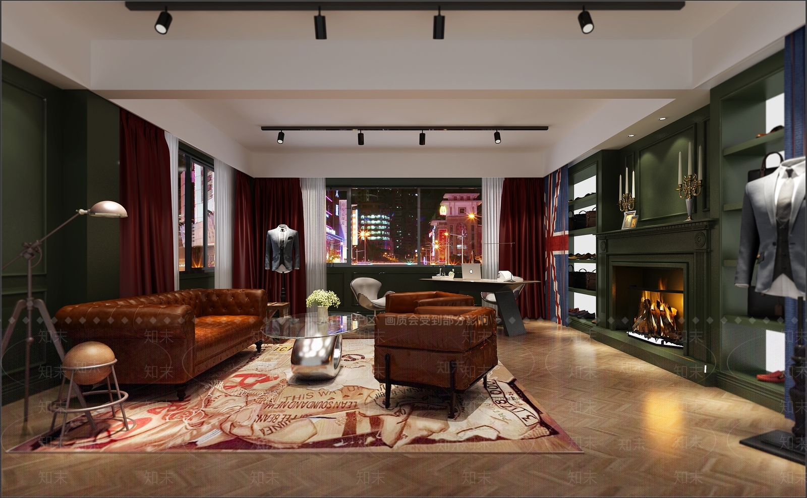 现代办公室美式壁炉办公桌沙发西装皮鞋皮包3D模型下载【ID:736211576】