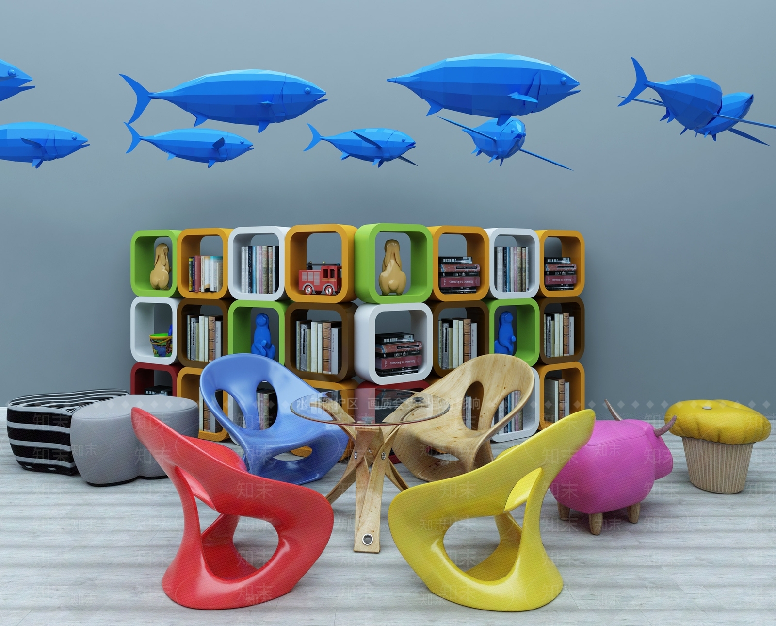 现代儿童书桌椅书柜玩具气球组合3D模型下载【ID:736214052】