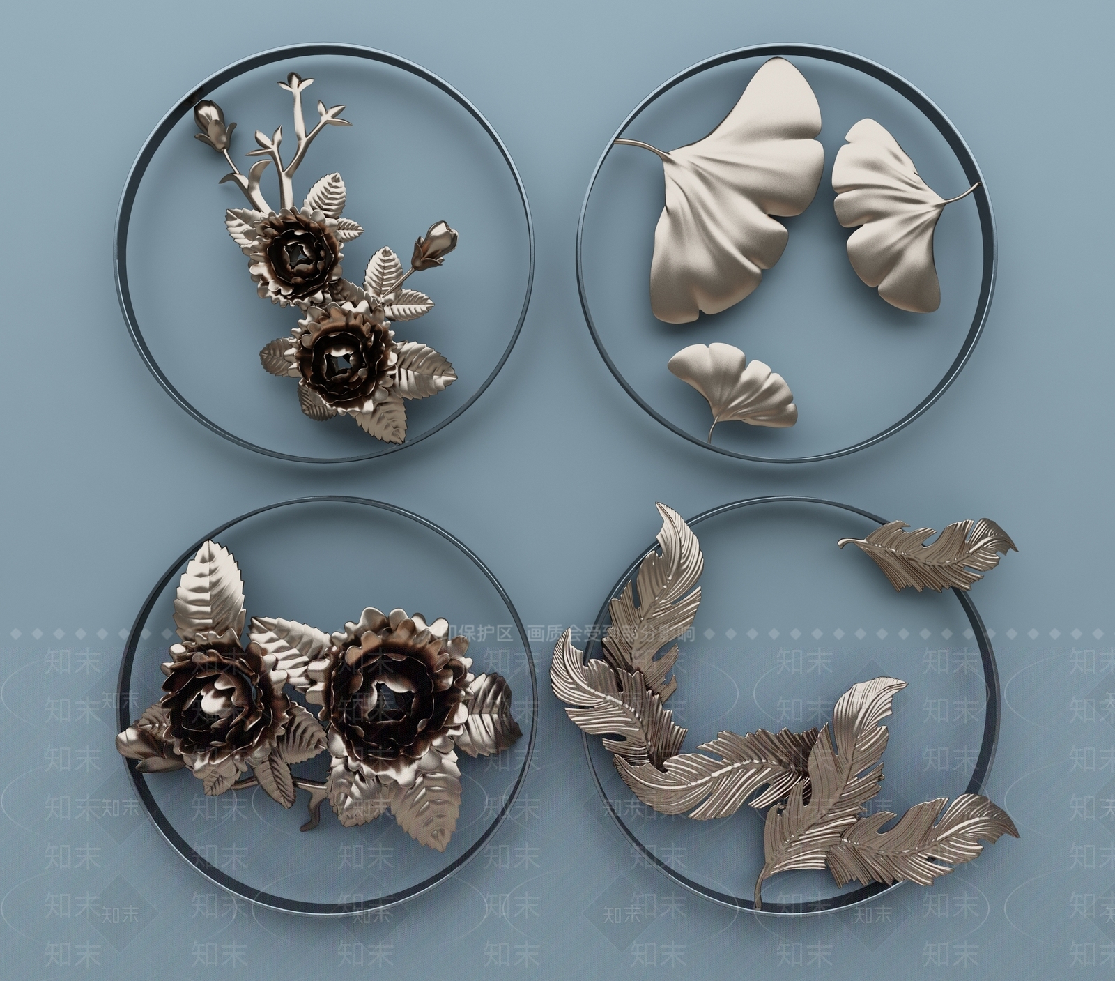 新中式金属圆形植物墙饰挂件装饰组合3D模型下载【ID:236215200】