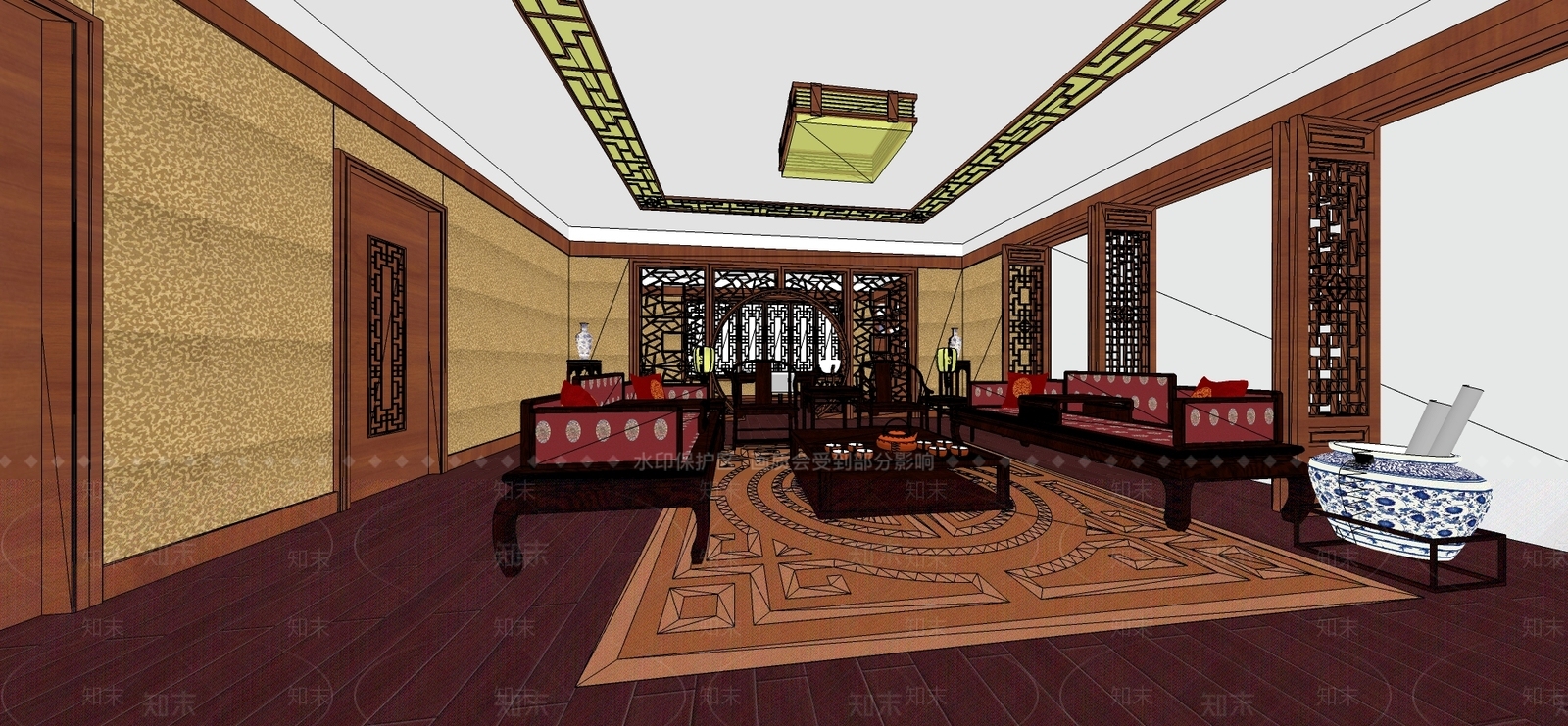 中式风格会客厅室内设计SU模型下载【ID:936220856】
