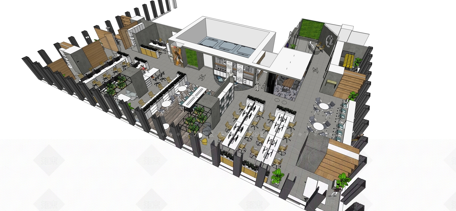 现代设计公司公共办公区SU模型下载【ID:336221229】