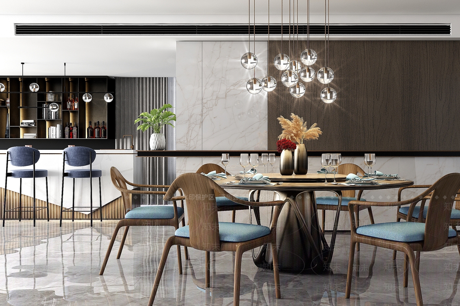 现代轻奢餐厅餐桌椅吧台椅吊灯饰品组合3D模型下载【ID:836225547】