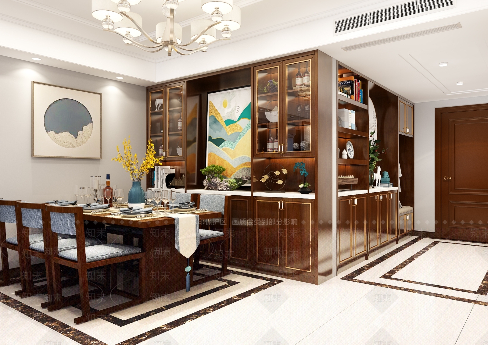 新中式客餐厅新中式酒柜鞋柜沙发吊顶灯玄关柜餐桌3D模型下载【ID:836227307】